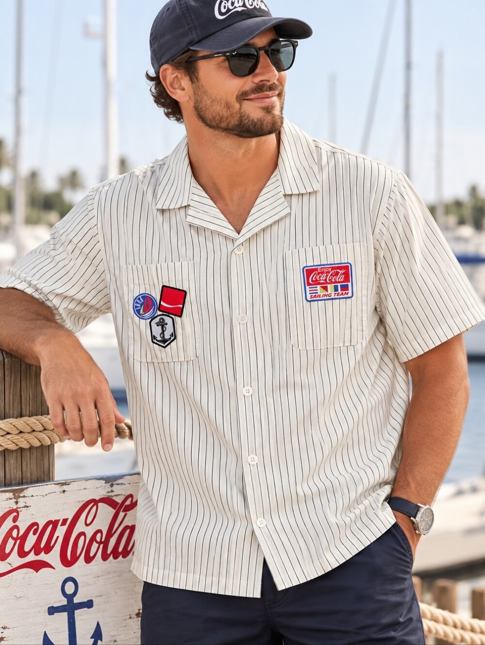 Coca-Cola Sailing Team Men’s Large Nautical Striped Button Down Shirt